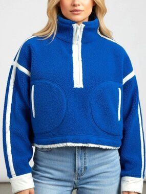 Free People Movement Mountain High 1/2 Zip Fleece Women XS Blue Crop Mock Neck